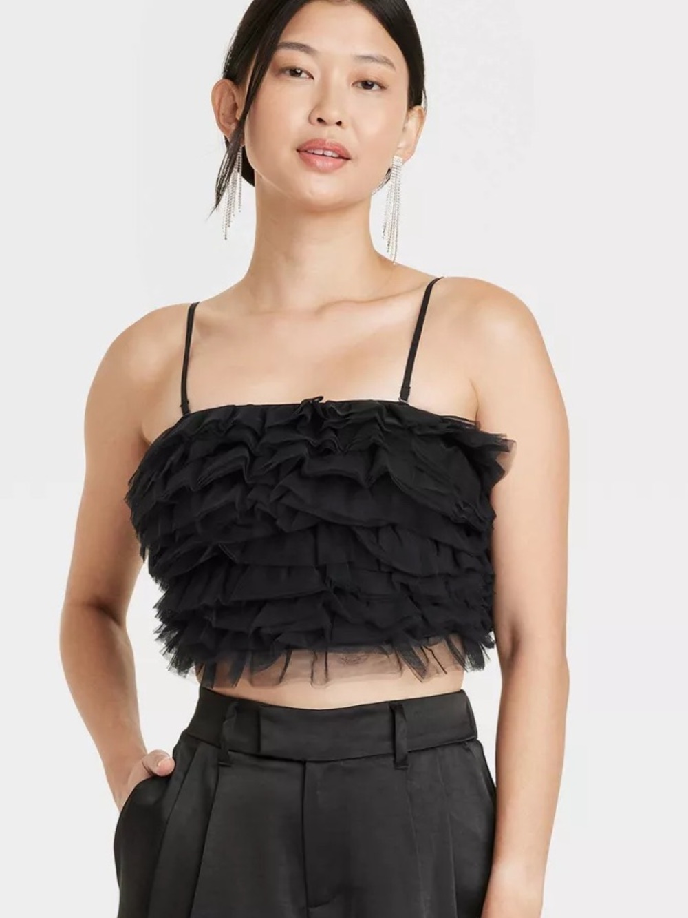 [a new day] Black Tiny Tulle Tiered Ruffle Stretch Bandeau Adjustable Strap Top